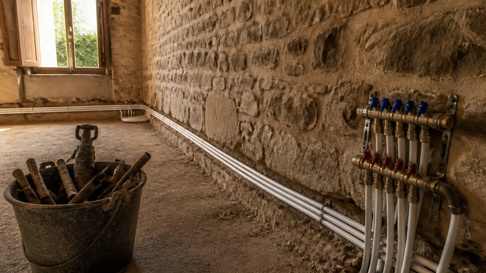 Tuberías nuevas de multicapa y colector junto a un muro de piedra en una casa antigua