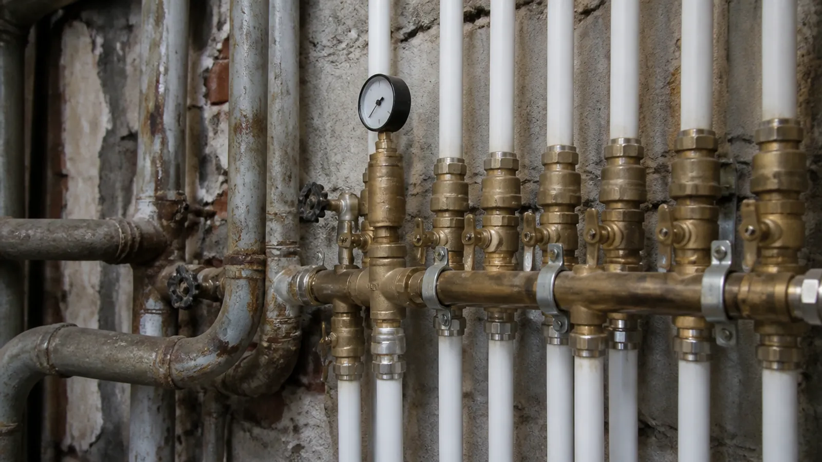 Cuarto de contadores con tuberías nuevas de multicapa junto a tubos viejos de galvanizado