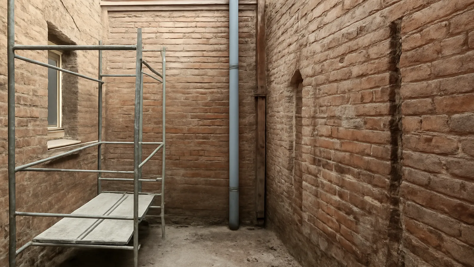 Bajante nueva de PVC junto a tubería galvanizada oxidada en el patio de un edificio antiguo