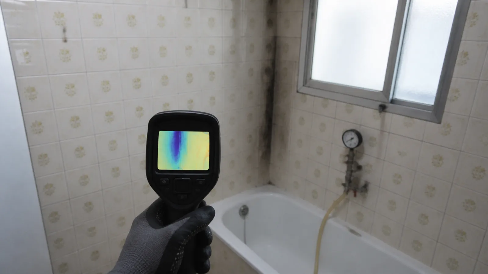 Cámara termográfica ante la pared alicatada de un baño antiguo buscando una fuga oculta