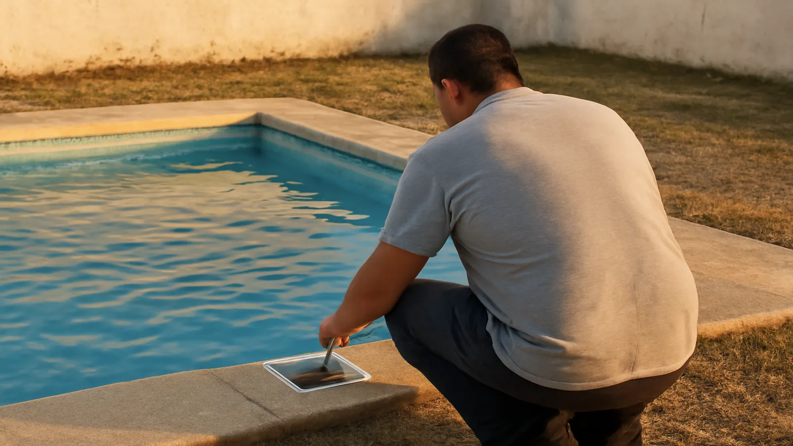 Técnico de espaldas aplicando tinte trazador junto al skimmer de una piscina al atardecer