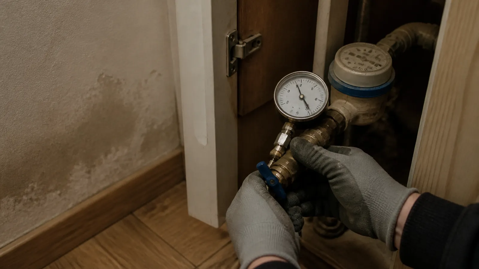 Manómetro conectado a la llave de paso junto al contador de agua de un piso antiguo