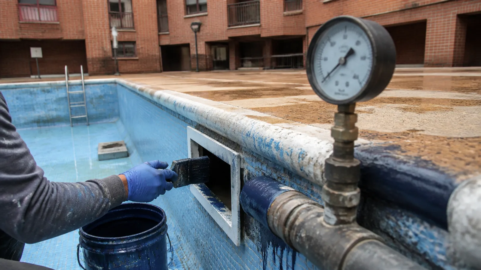 Manos aplicando tinte junto al skimmer de una piscina comunitaria para localizar una fuga