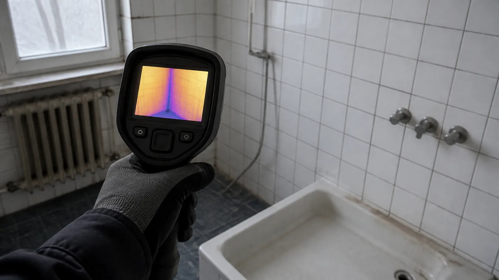 Cámara termográfica enfocando la pared de un baño antiguo para localizar una fuga oculta