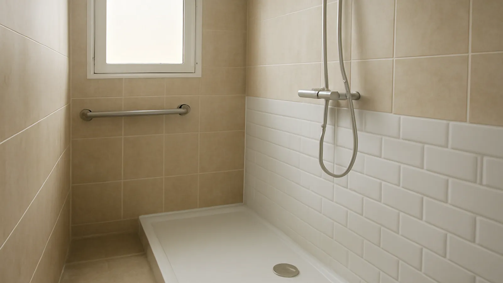 Plato de ducha extraplano en un baño antiguo con barra de apoyo y grifería termostática