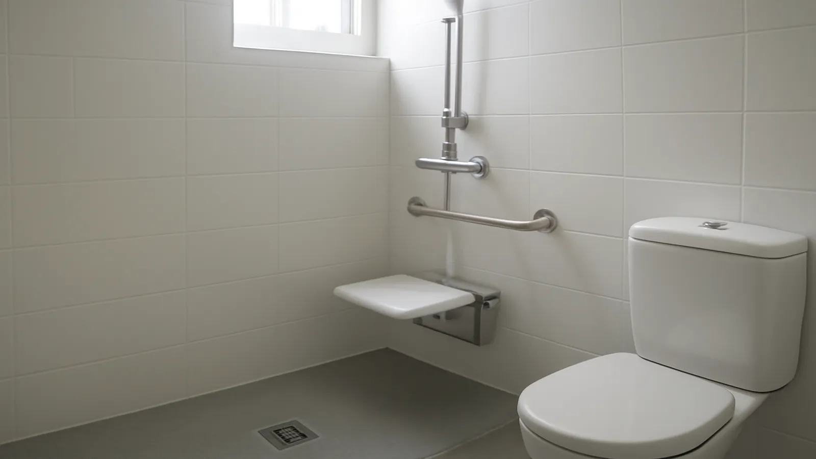 Plato de ducha enrasado gris claro con barra de apoyo y asiento abatible en baño reformado