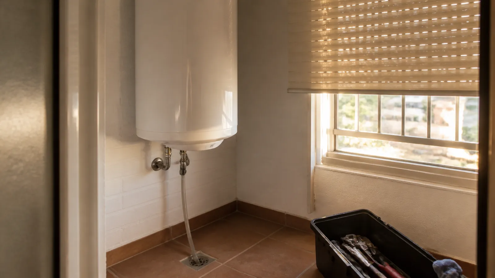 Termo eléctrico blanco recién instalado en un lavadero con la válvula de seguridad conducida