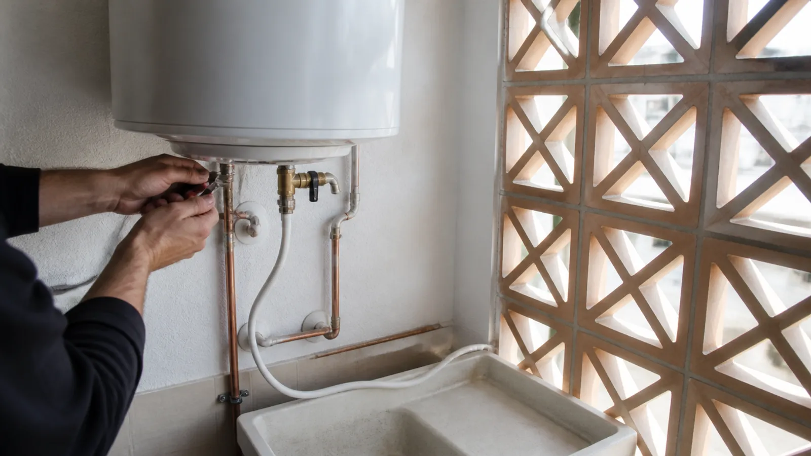 Termo eléctrico recién instalado en la galería de un piso, con válvula de seguridad y desagüe