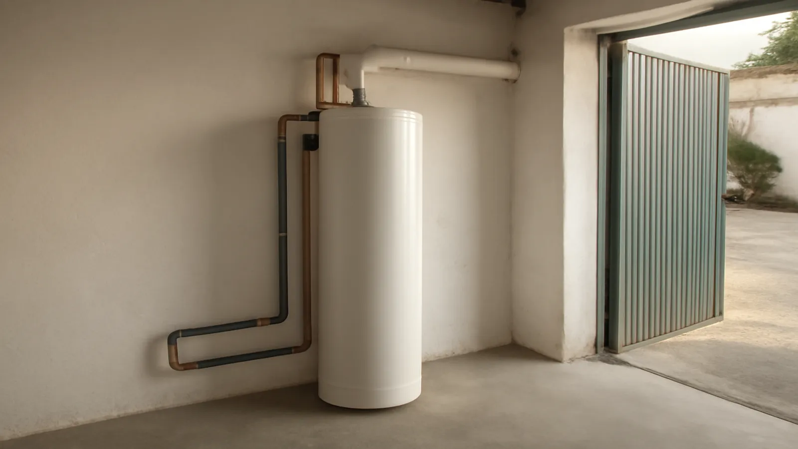 Termo aerotérmico recién instalado en el garaje encalado de una casa baja