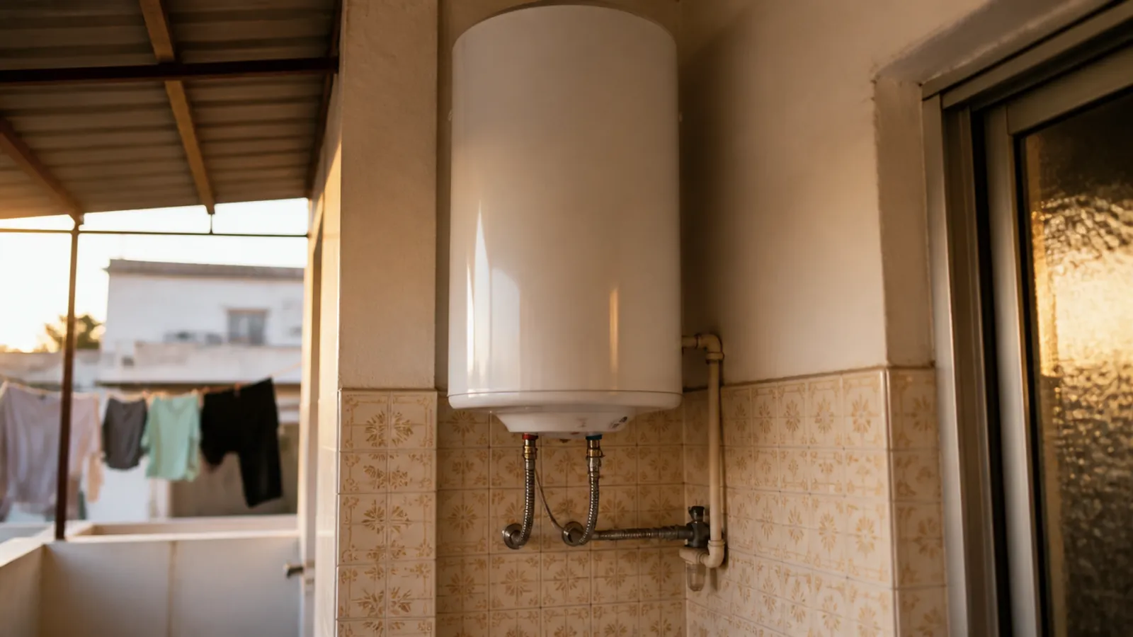 Termo eléctrico recién instalado con válvula de seguridad en el lavadero de un piso