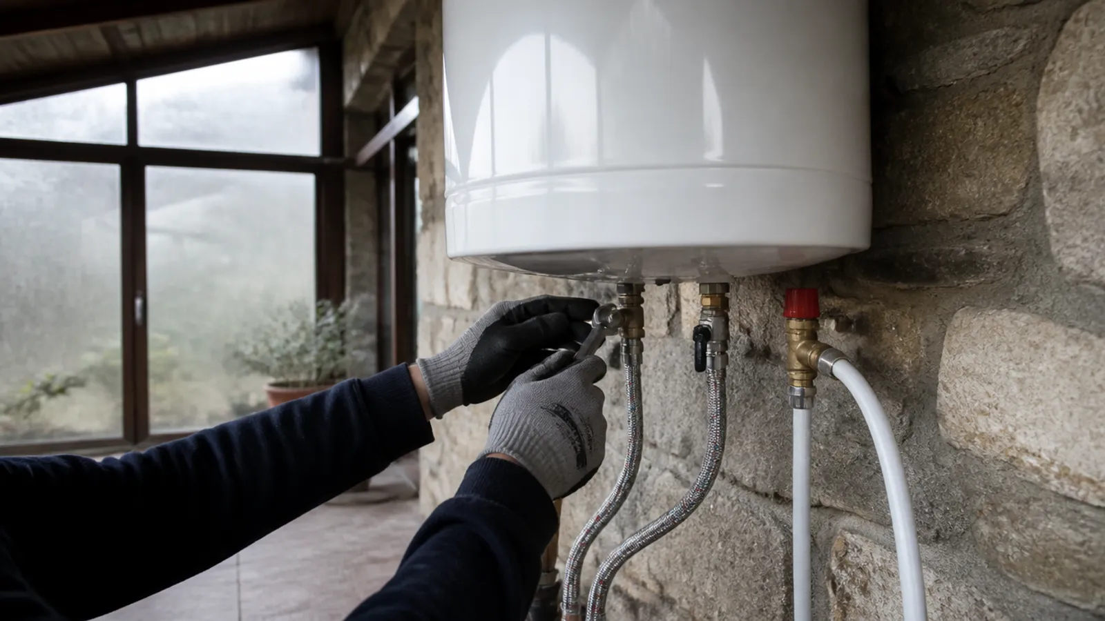 Termo eléctrico recién instalado en una galería de piedra con válvula de seguridad nueva