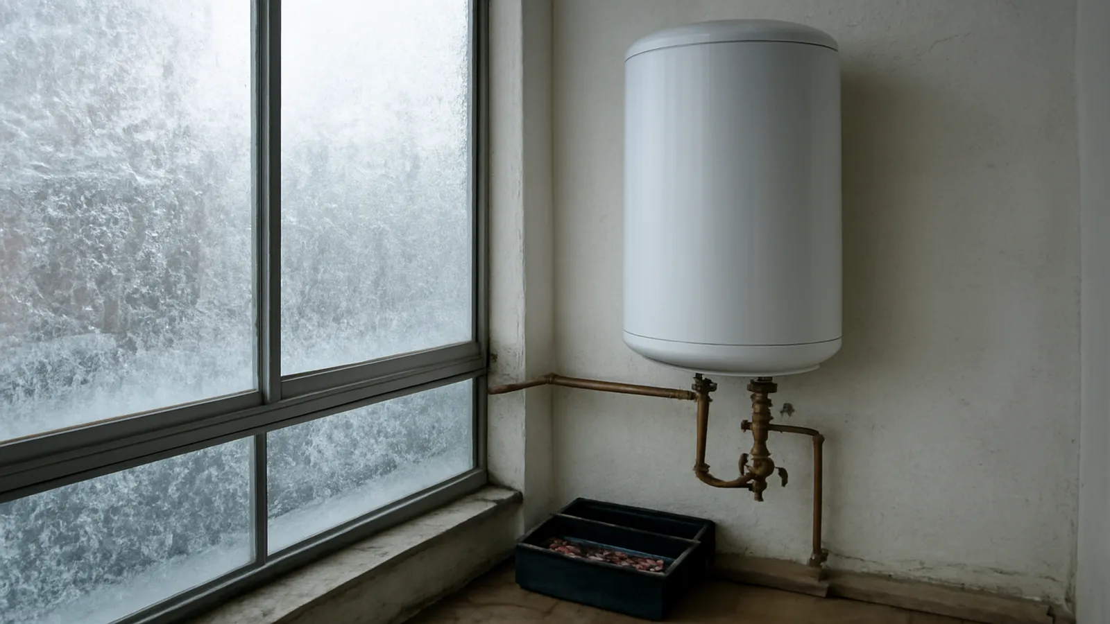 Termo eléctrico recién instalado en una galería con escarcha en los cristales en invierno